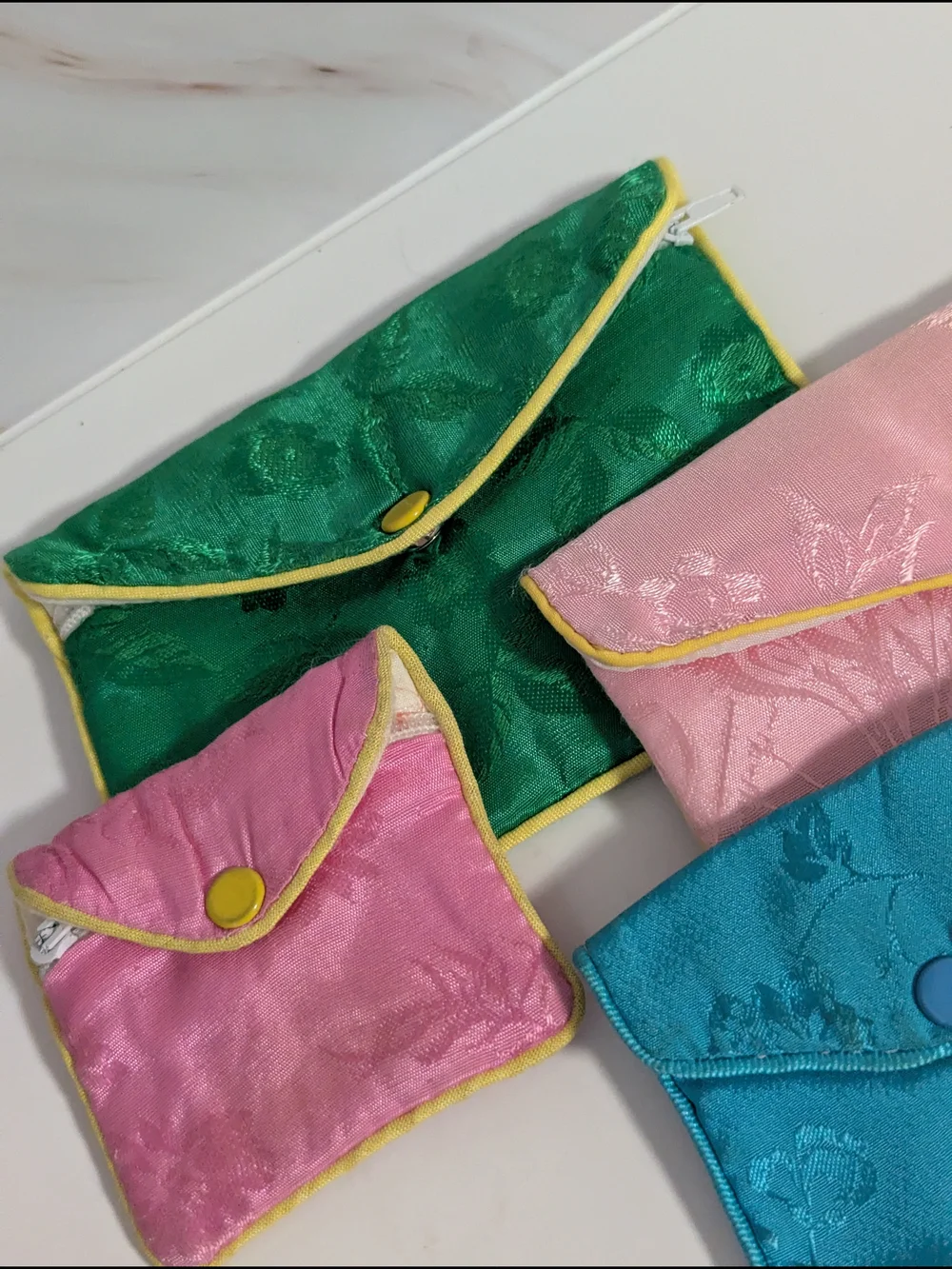 Silk Jacquard Multi-Color Zip & Snap Pouch Set - Pink, Green, Turquoise